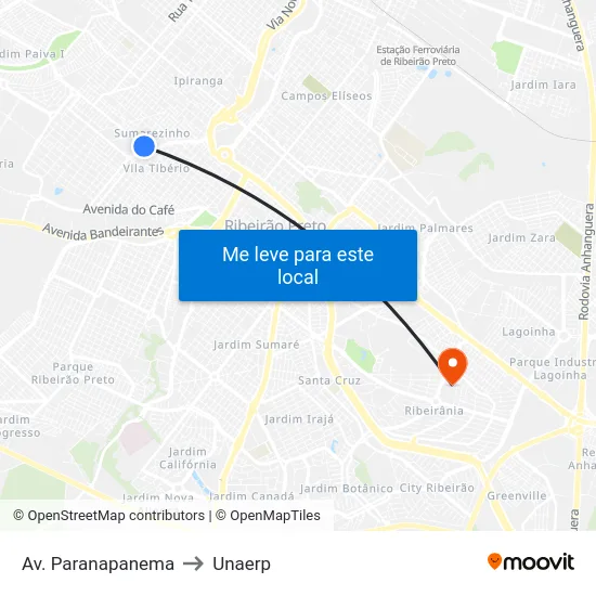 Av. Paranapanema to Unaerp map