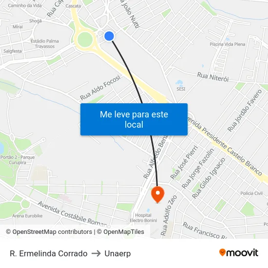 R. Ermelinda Corrado to Unaerp map