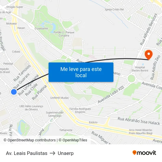 Av. Leais Paulistas to Unaerp map
