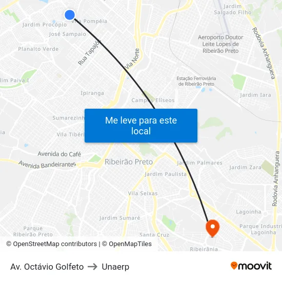 Av. Octávio Golfeto to Unaerp map