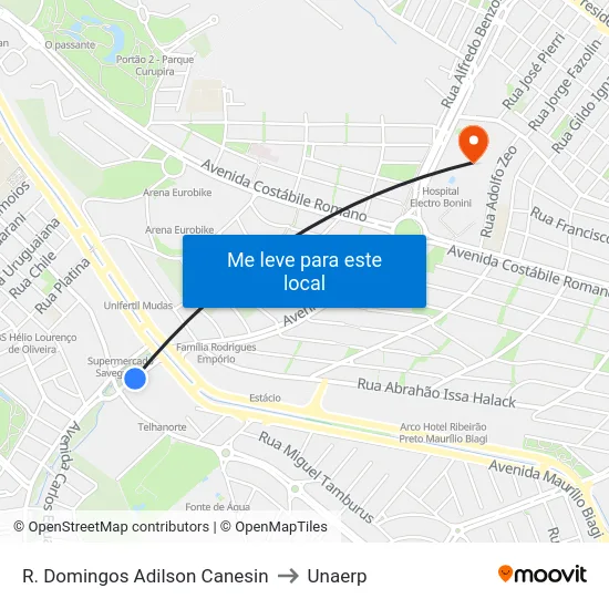 R. Domingos Adilson Canesin to Unaerp map