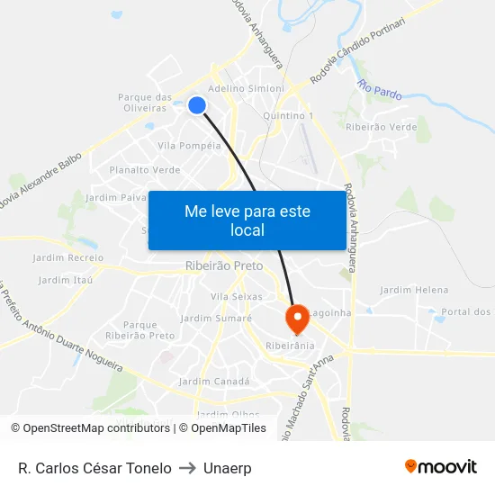 R. Carlos César Tonelo to Unaerp map