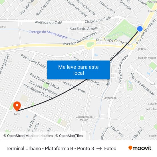 Terminal Urbano - Plataforma B - Ponto 3 to Fatec map