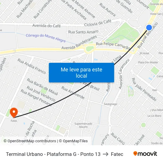 Terminal Urbano - Plataforma G - Ponto 13 to Fatec map