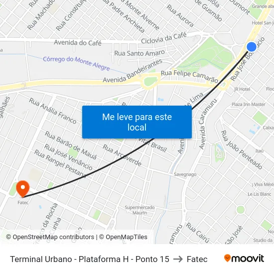 Terminal Urbano - Plataforma H - Ponto 15 to Fatec map