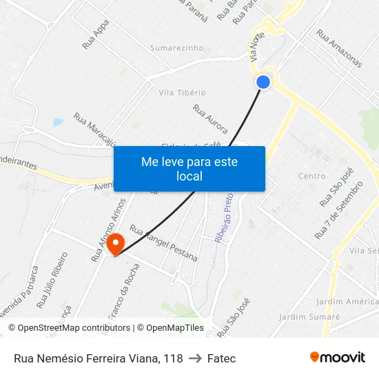 Rua Nemésio Ferreira Viana, 118 to Fatec map