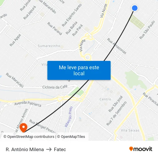 R. Antônio Milena to Fatec map