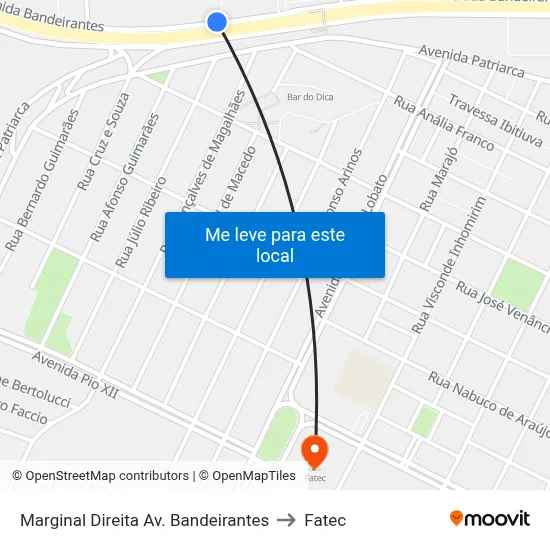 Marginal Direita Av. Bandeirantes to Fatec map