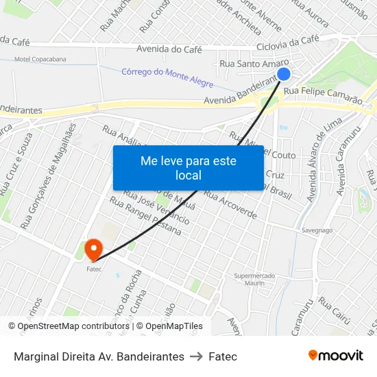 Marginal Direita Av. Bandeirantes to Fatec map