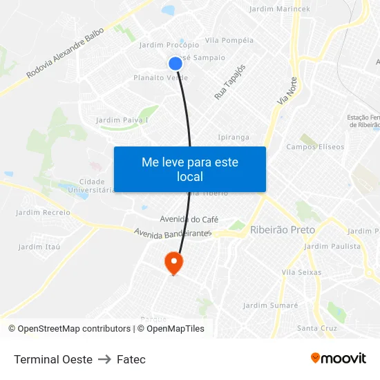 Terminal Oeste to Fatec map