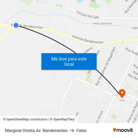 Marginal Direita Av. Bandeirantes to Fatec map