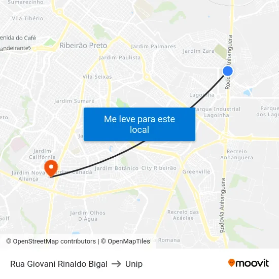 Rua  Giovani Rinaldo Bigal to Unip map