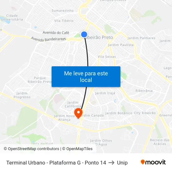 Terminal Urbano - Plataforma G - Ponto 14 to Unip map