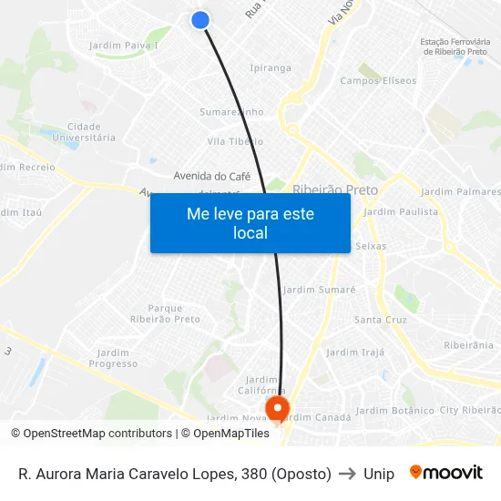 R. Aurora Maria Caravelo Lopes, 380 (Oposto) to Unip map