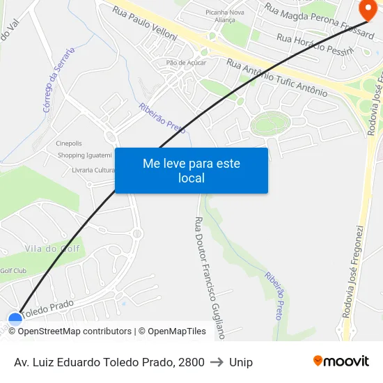 Av. Luiz Eduardo Toledo Prado, 2800 to Unip map