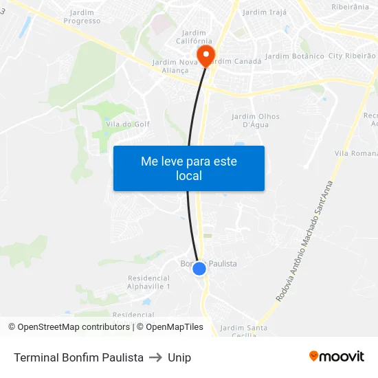 Terminal Bonfim Paulista to Unip map