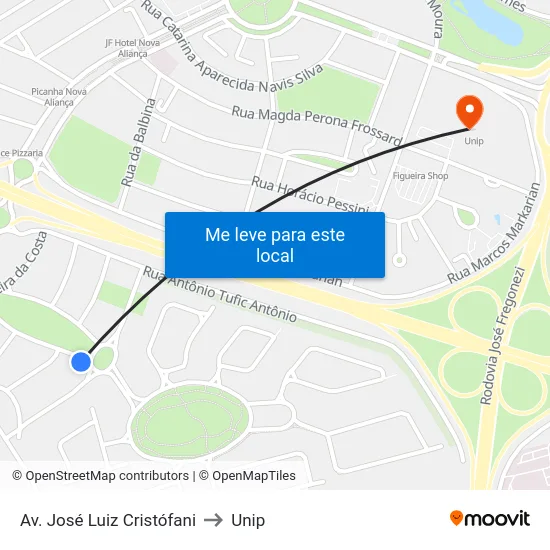 Av. José Luiz Cristófani to Unip map