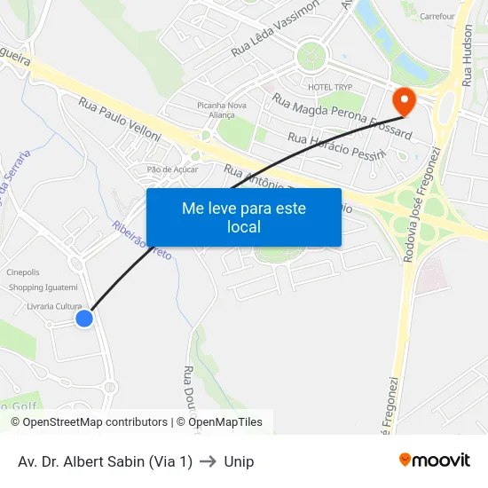 Av. Dr. Albert Sabin (Via 1) to Unip map
