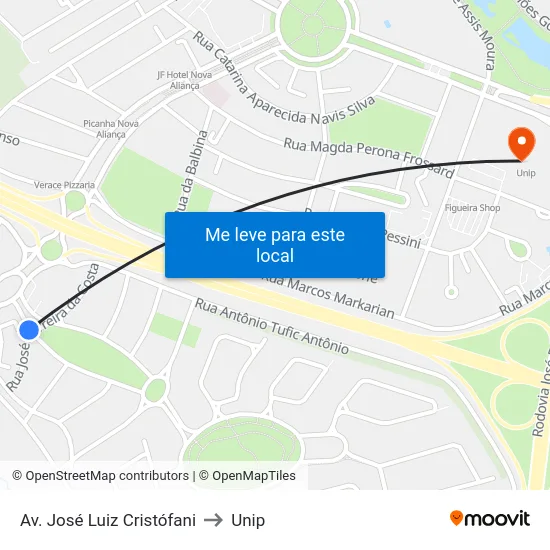 Av. José Luiz Cristófani to Unip map