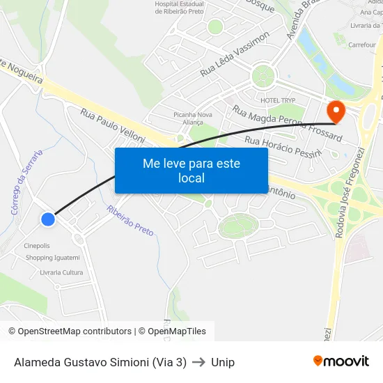 Alameda Gustavo Simioni (Via 3) to Unip map