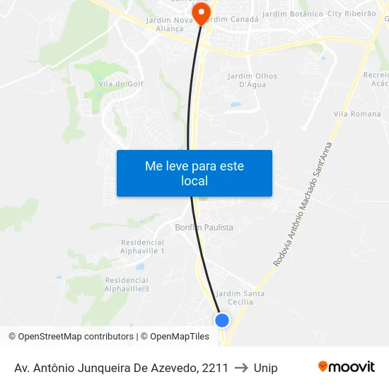 Av. Antônio Junqueira De Azevedo, 2211 to Unip map