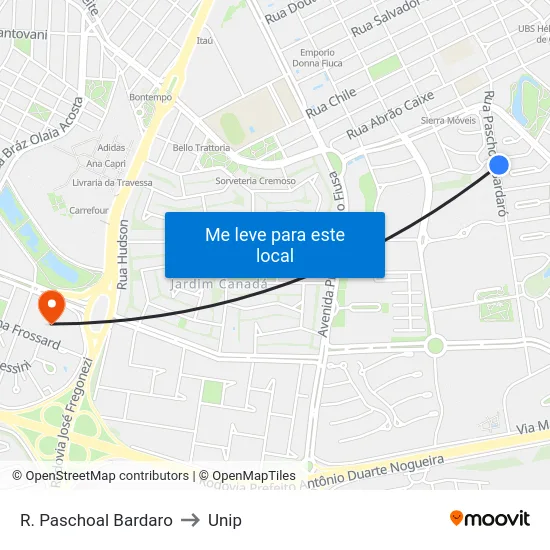 R. Paschoal Bardaro to Unip map