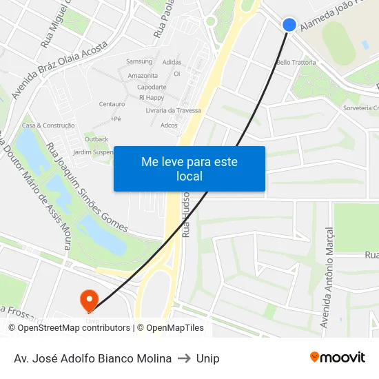 Av. José Adolfo Bianco Molina to Unip map