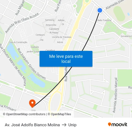 Av. José Adolfo Bianco Molina to Unip map