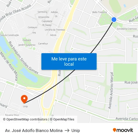 Av. José Adolfo Bianco Molina to Unip map