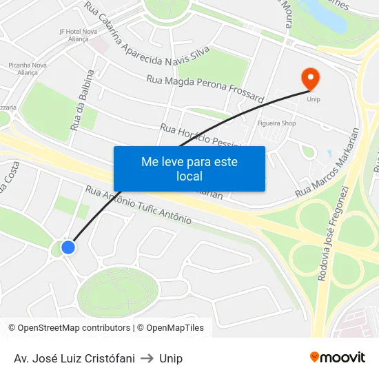 Av. José Luiz Cristófani to Unip map