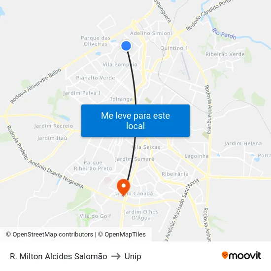 R. Milton Alcides Salomão to Unip map