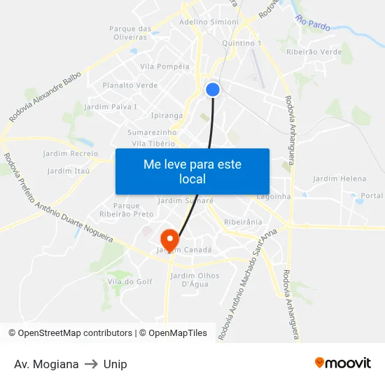 Av. Mogiana to Unip map