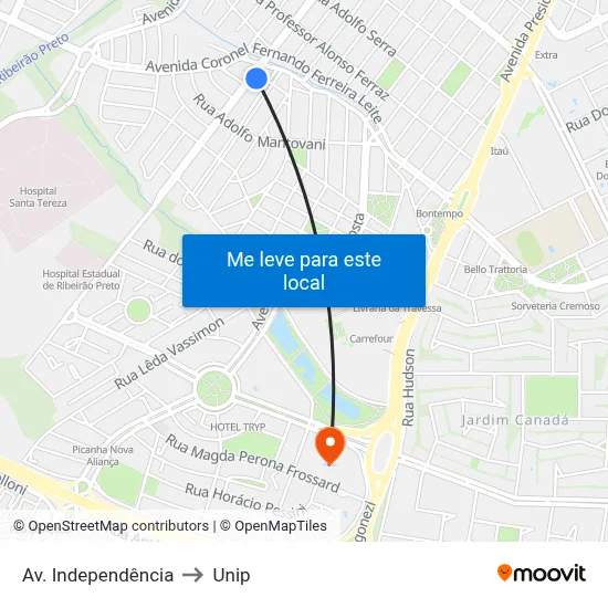 Av. Independência to Unip map