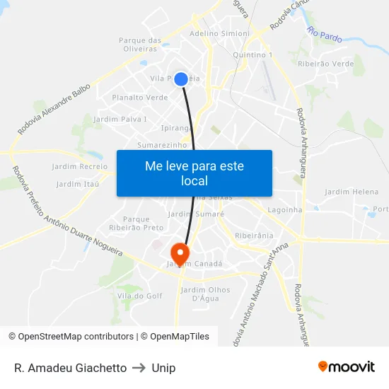 R. Amadeu Giachetto to Unip map