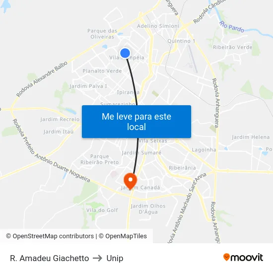 R. Amadeu Giachetto to Unip map