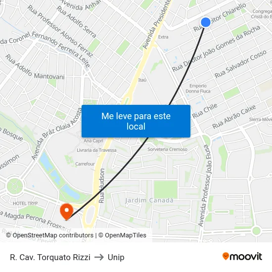 R. Cav. Torquato Rizzi to Unip map