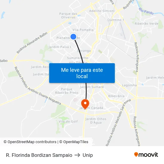 R. Florinda Bordizan Sampaio to Unip map