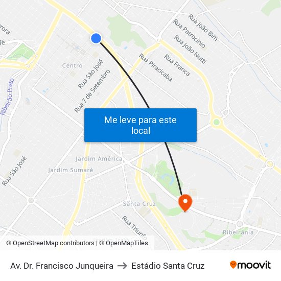 Av. Dr. Francisco Junqueira to Estádio Santa Cruz map