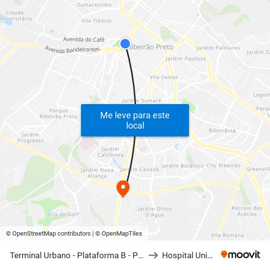 Terminal Urbano - Plataforma B - Ponto 3 to Hospital Unimed map