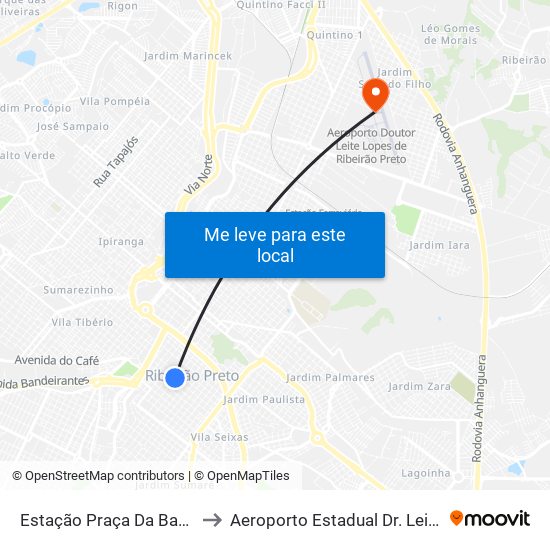 Estação Praça Da Bandeira 2 to Aeroporto Estadual Dr. Leite Lopes map
