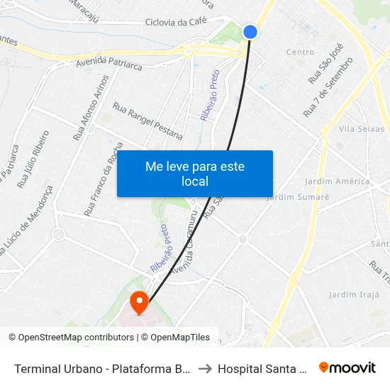 Terminal Urbano - Plataforma B - Ponto 3 to Hospital Santa Tereza map