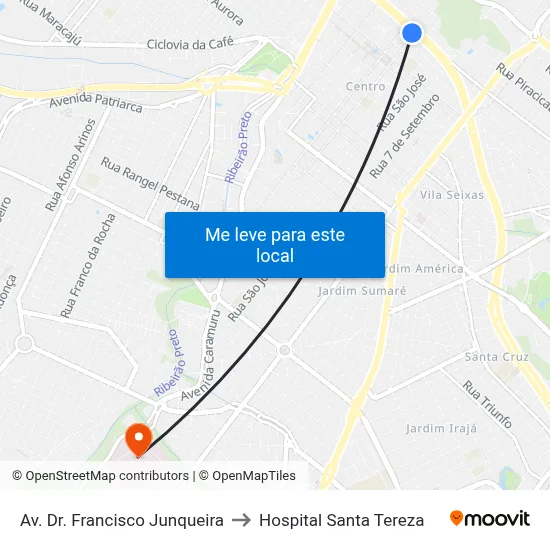 Av. Dr. Francisco Junqueira to Hospital Santa Tereza map