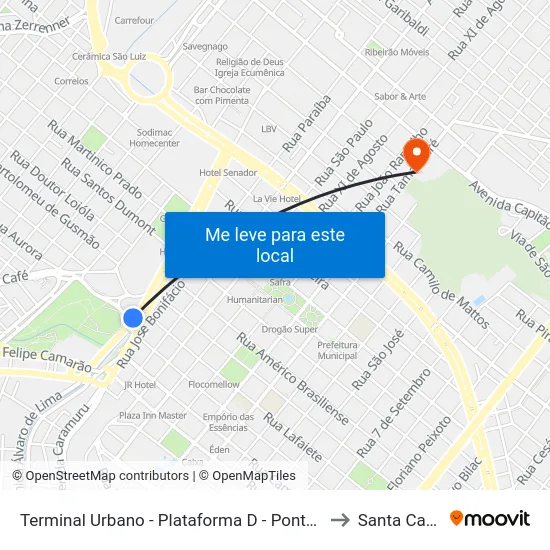 Terminal Urbano - Plataforma D - Ponto 7 to Santa Casa map