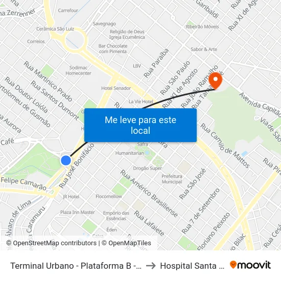 Terminal Urbano - Plataforma B - Ponto 3 to Hospital Santa Lydia map