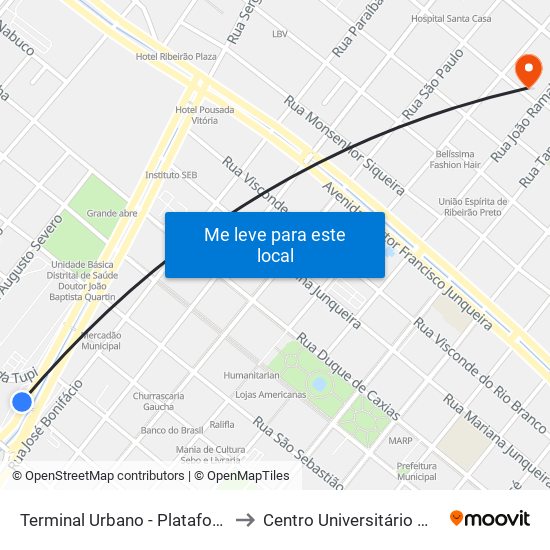 Terminal Urbano - Plataforma D - Ponto 8 to Centro Universitário Moura Lacerda map