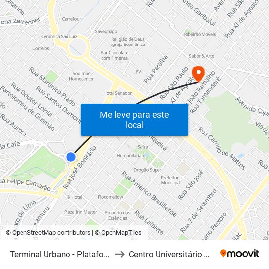 Terminal Urbano - Plataforma A - Ponto 2 to Centro Universitário Moura Lacerda map