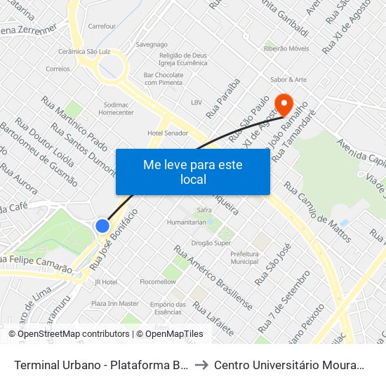 Terminal Urbano - Plataforma B - Ponto 4 to Centro Universitário Moura Lacerda map