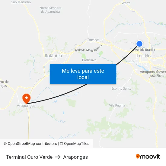 Terminal Ouro Verde to Arapongas map