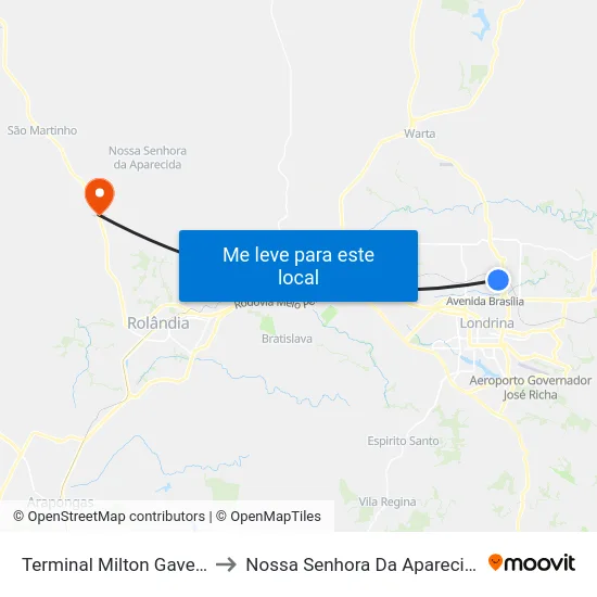 Terminal Milton Gavetti to Nossa Senhora Da Aparecida map