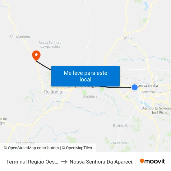Terminal  Região Oeste to Nossa Senhora Da Aparecida map